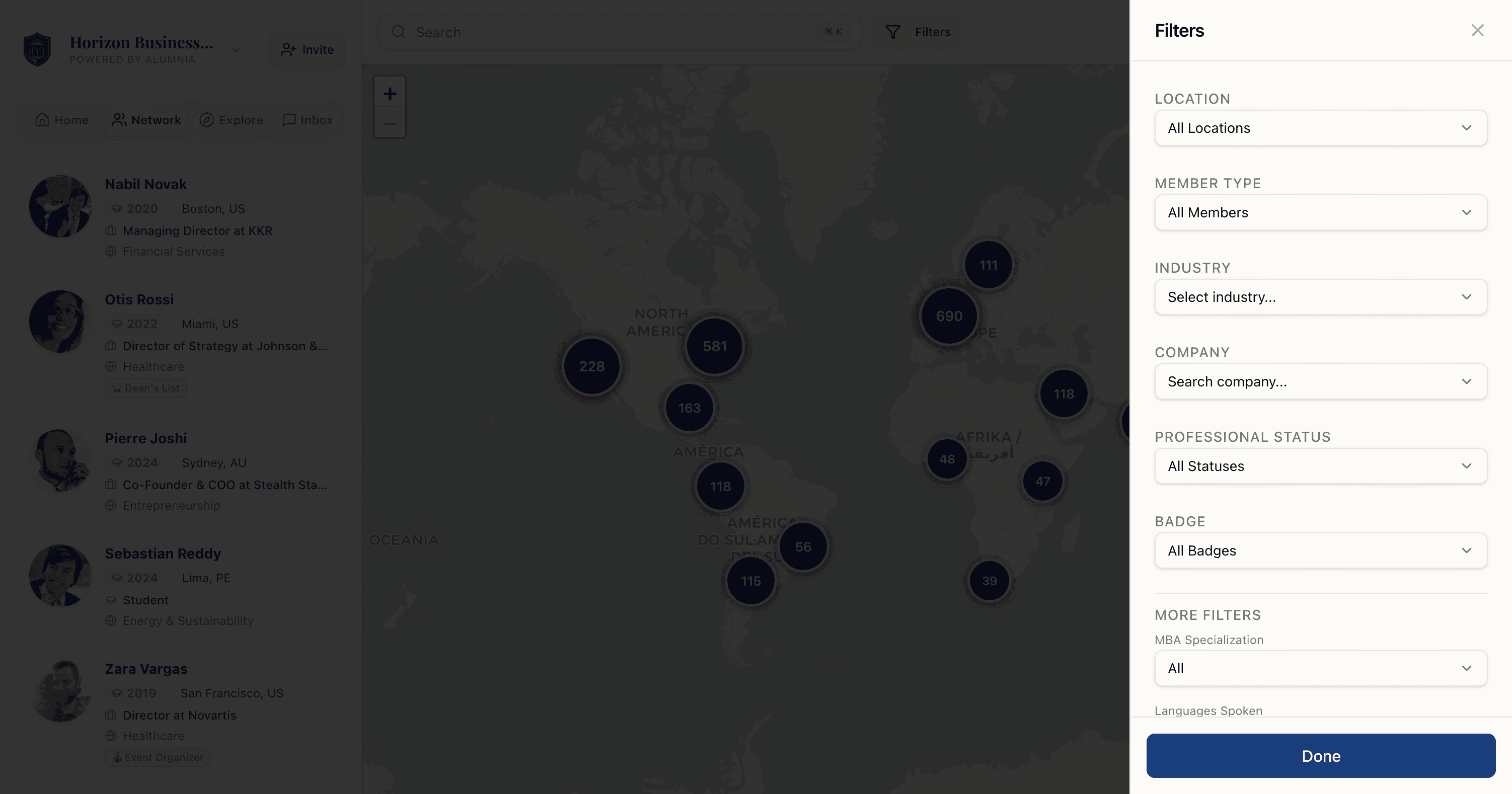 Alumnia directory — search alumni by city, cohort, industry and role