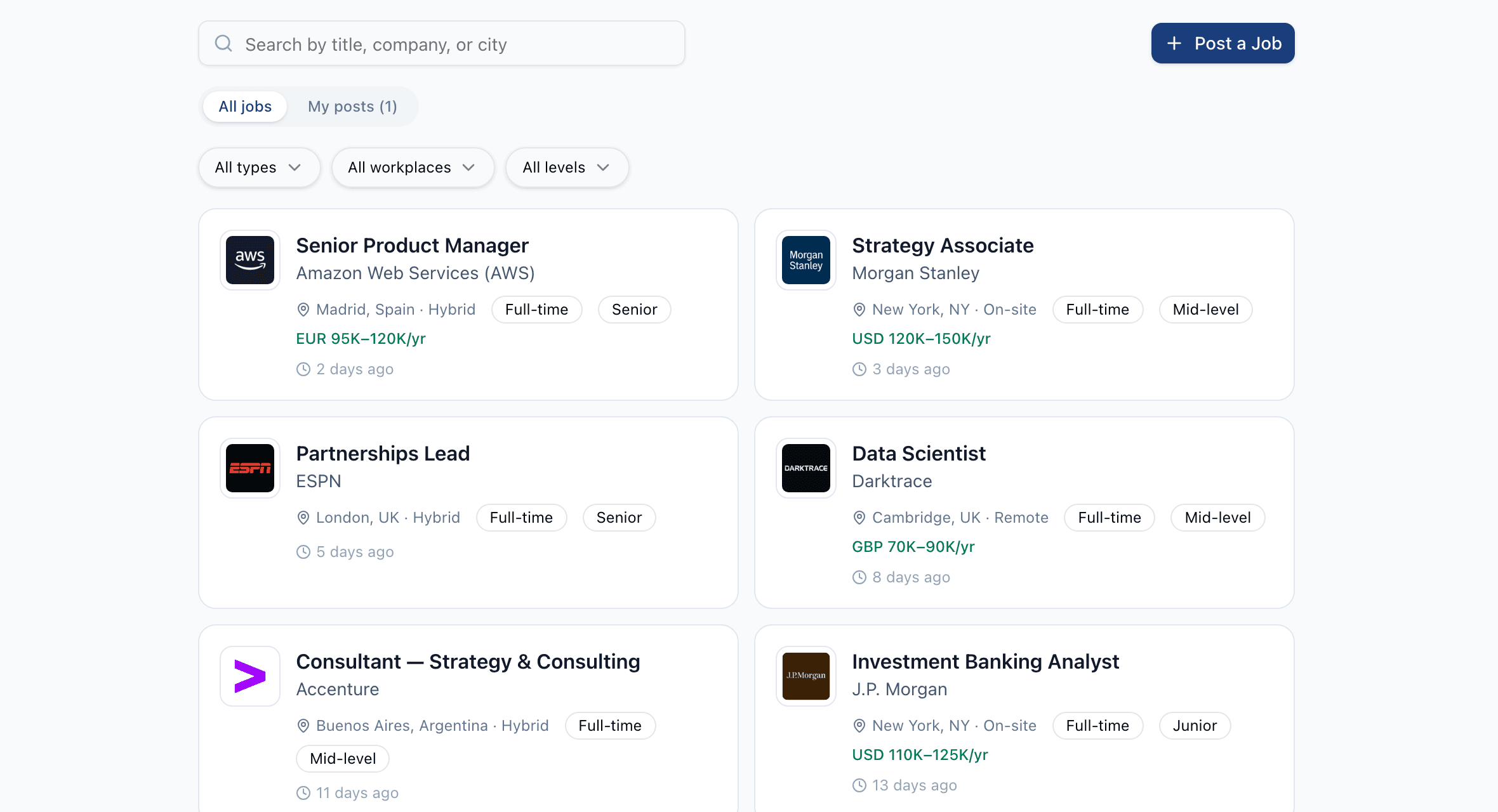 Alumnia jobs board with roles shared by fellow alumni