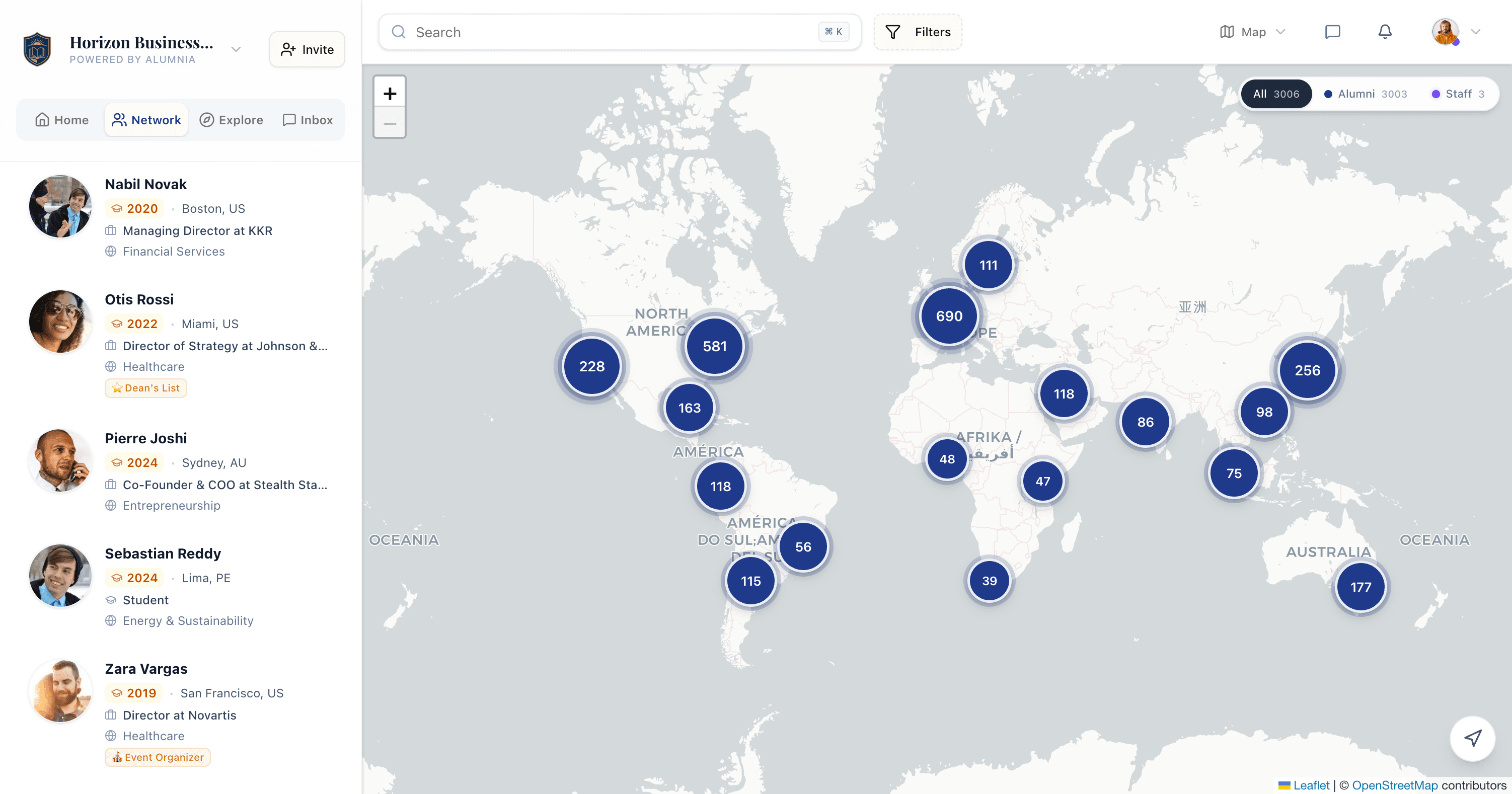 Alumnia map-based alumni directory showing members across the world