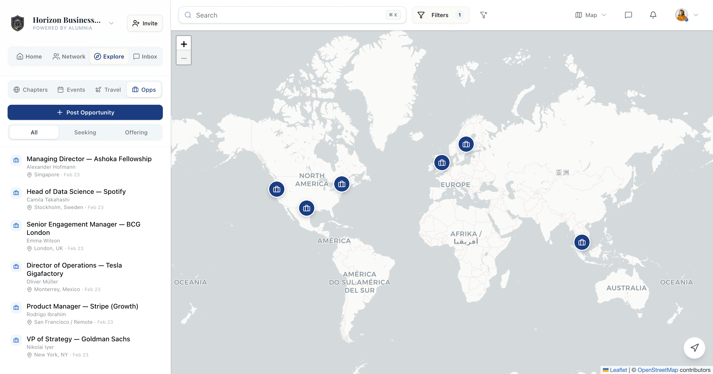 Alumnia opportunities board — jobs, mentorship and projects shared inside the community