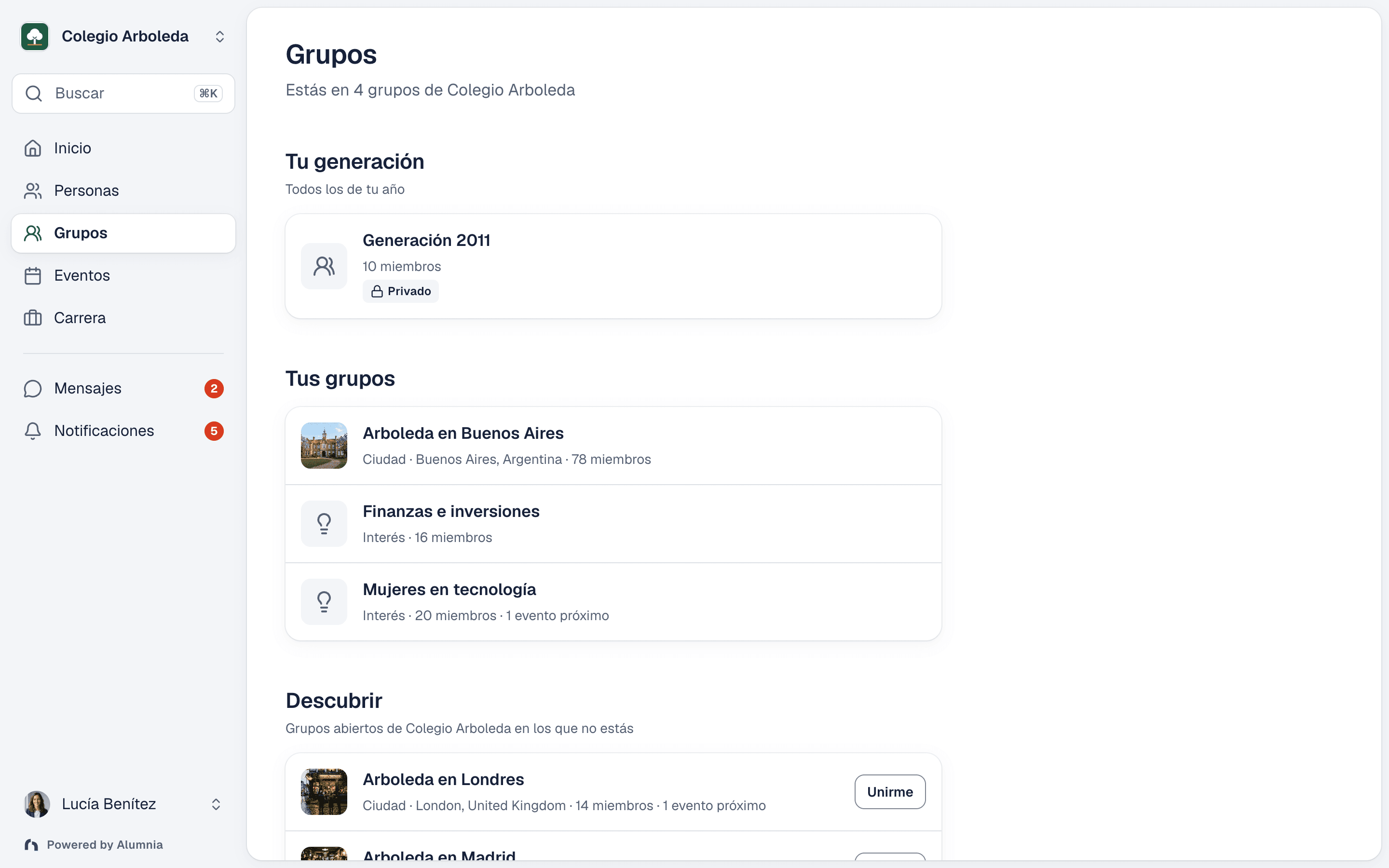 Alumnia groups: sub-communities by class year, city and interest