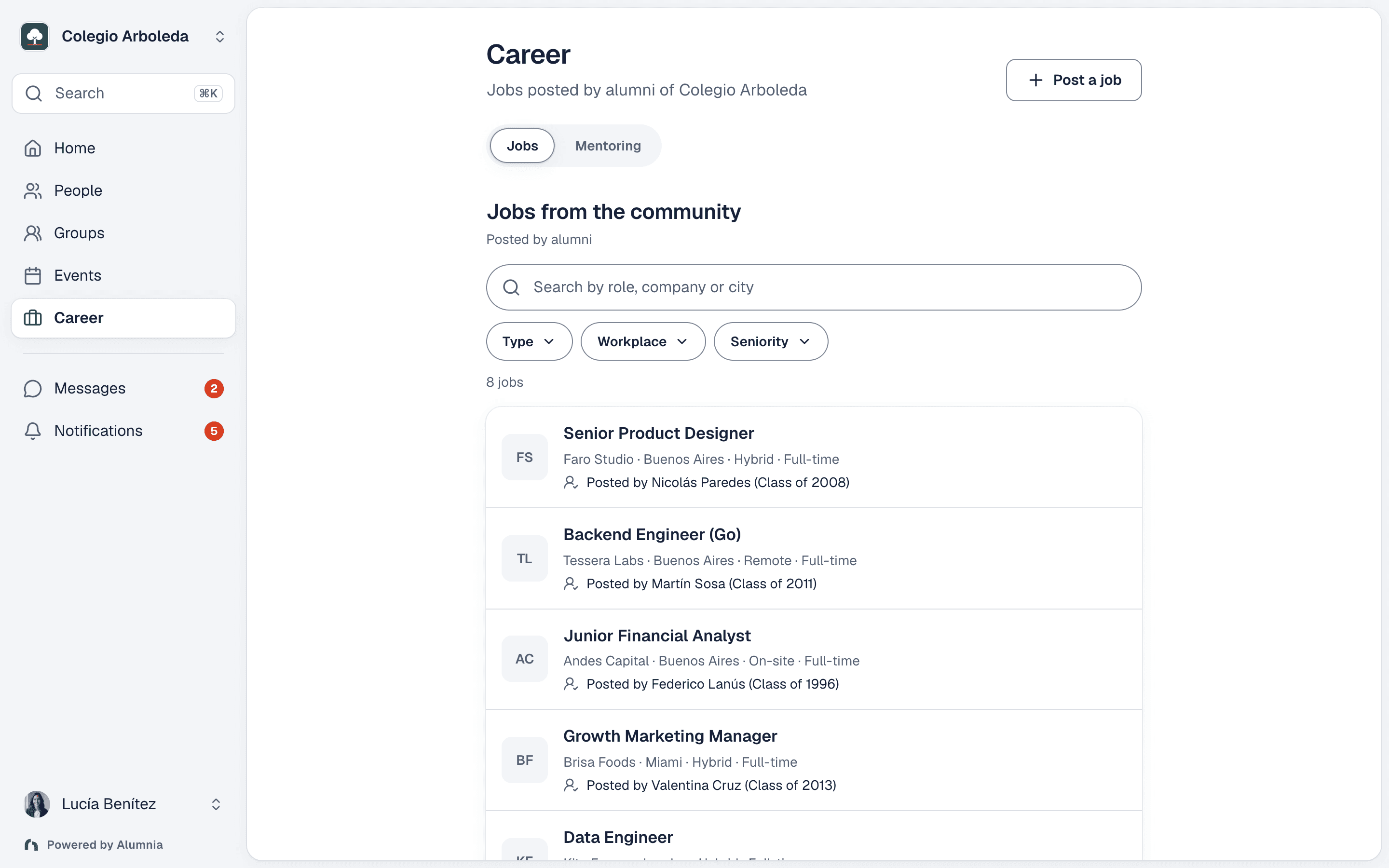 Alumnia jobs board with roles shared by fellow alumni