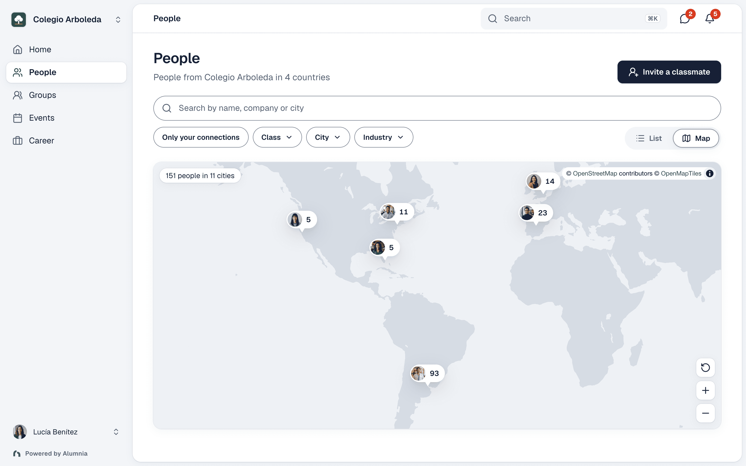 Alumnia map-based alumni directory showing graduates around the world