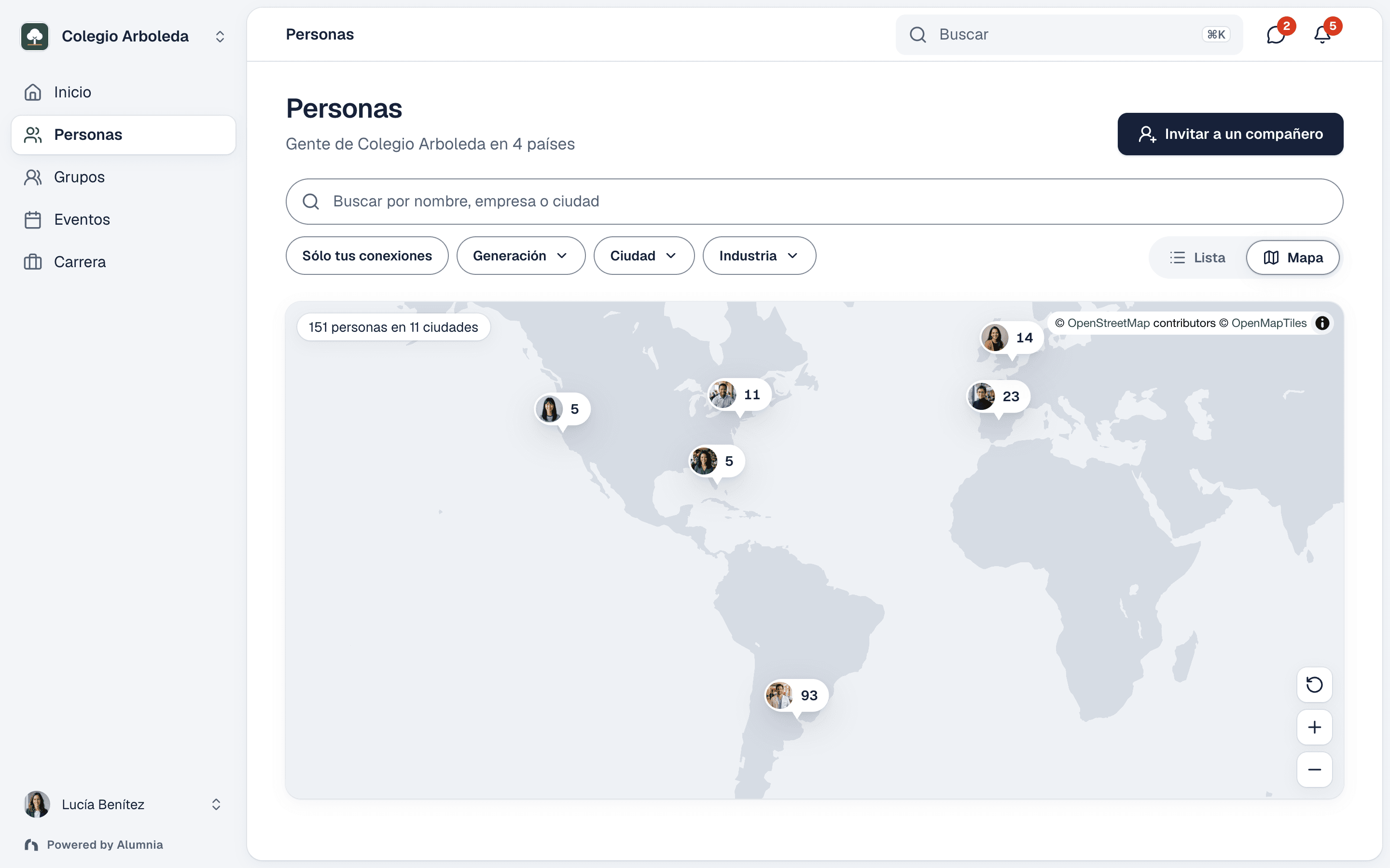 Mapa ficticio con ubicaciones aproximadas de la comunidad agrupadas por ciudad