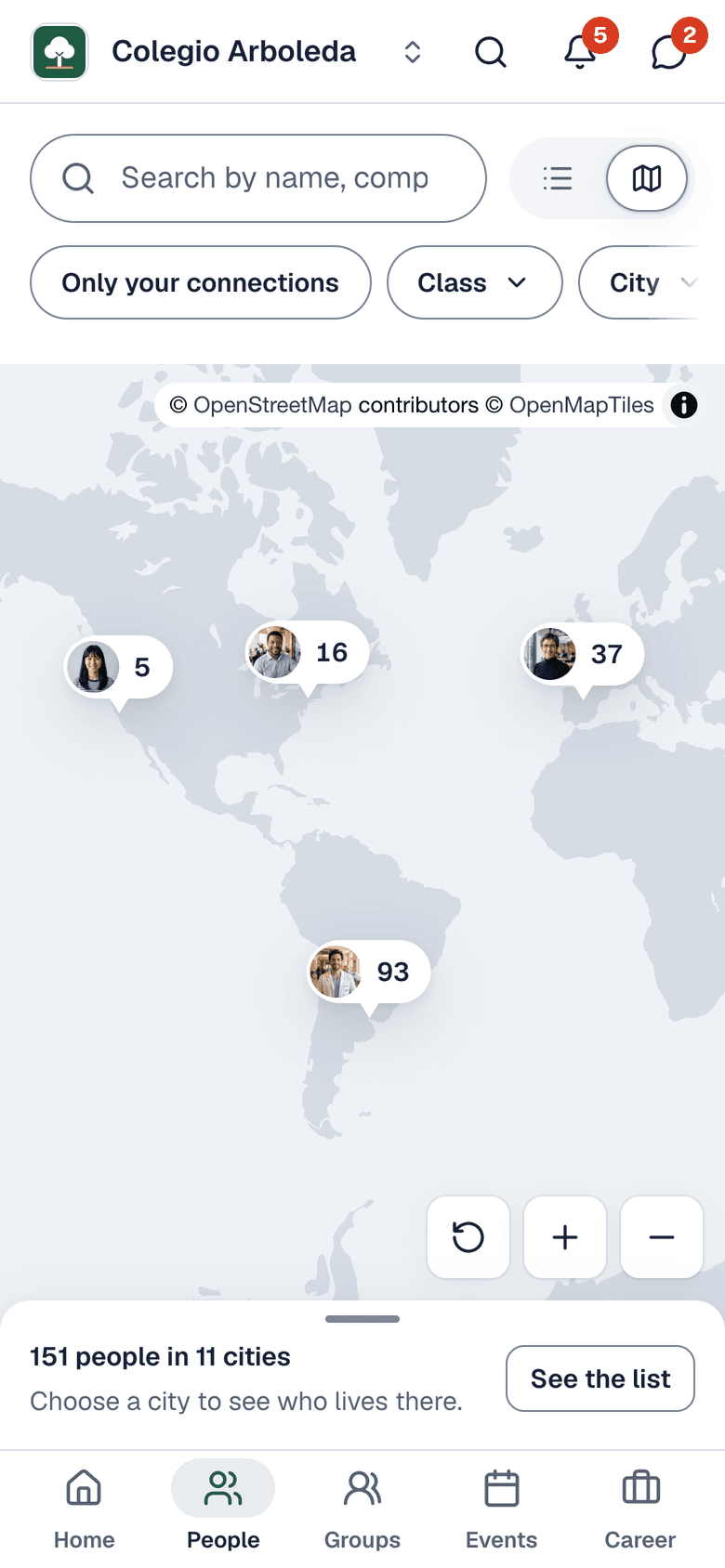 Illustrative shared Alumnia mobile app showing a demo alumni map