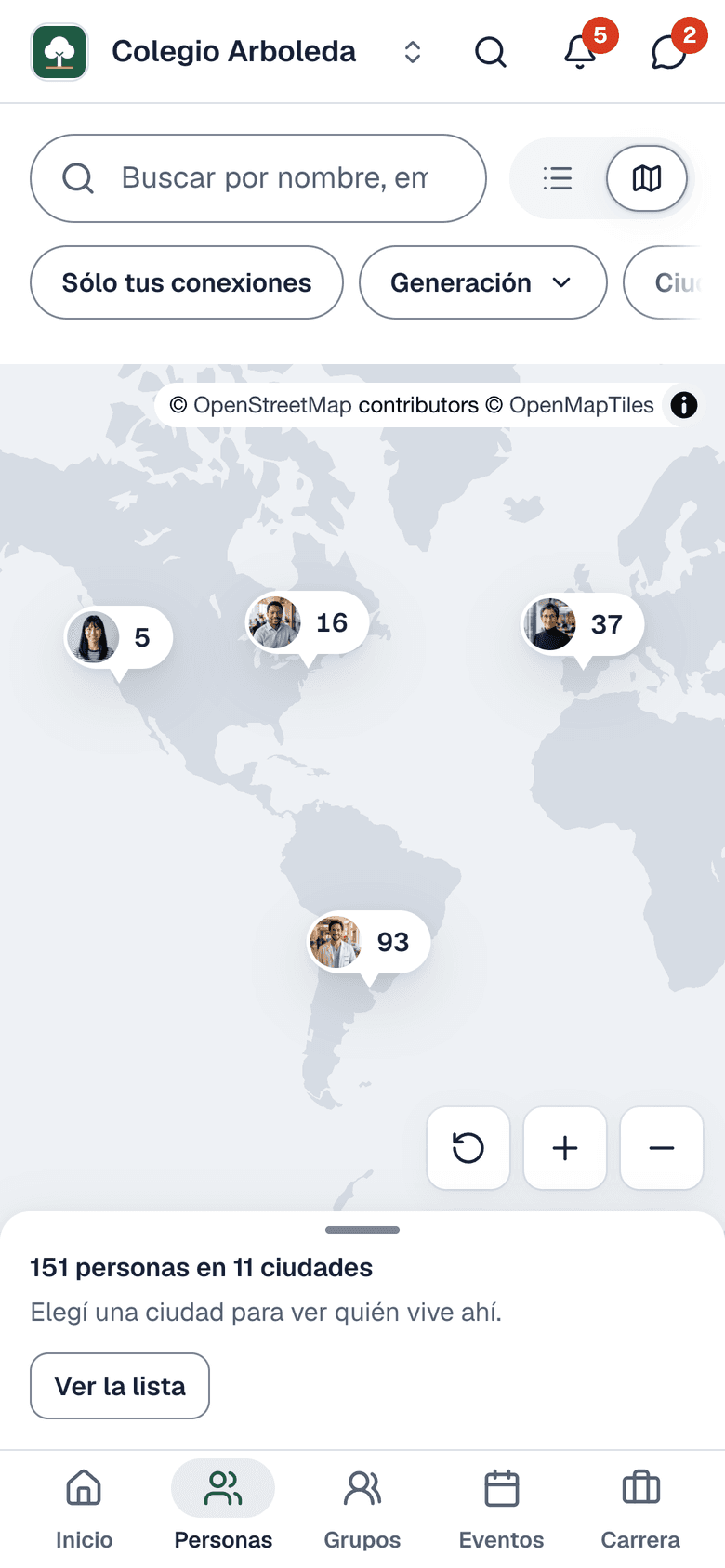 The Alumnia app on a phone: the alumni map