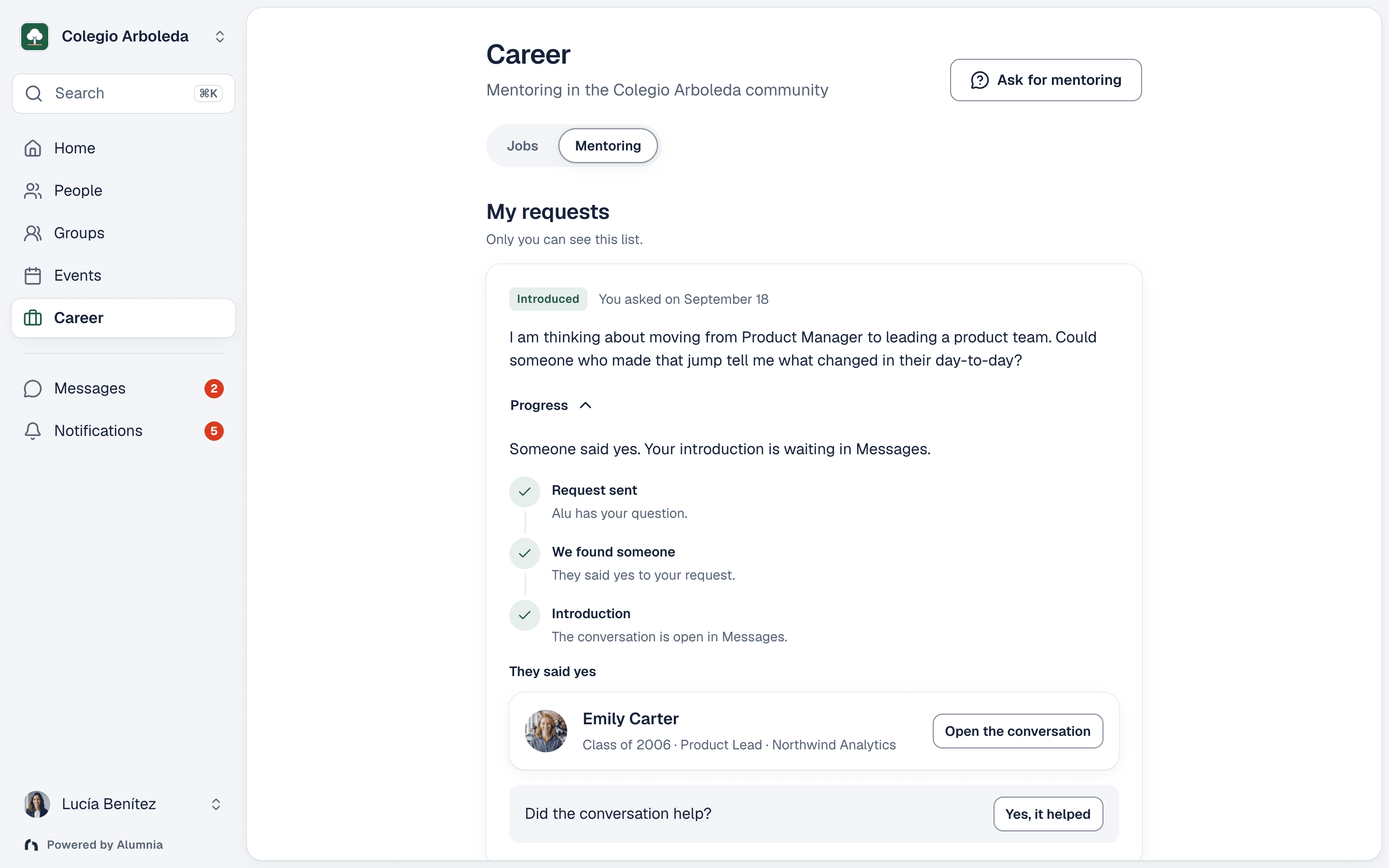 Alumnia mentorship request being matched to relevant alumni